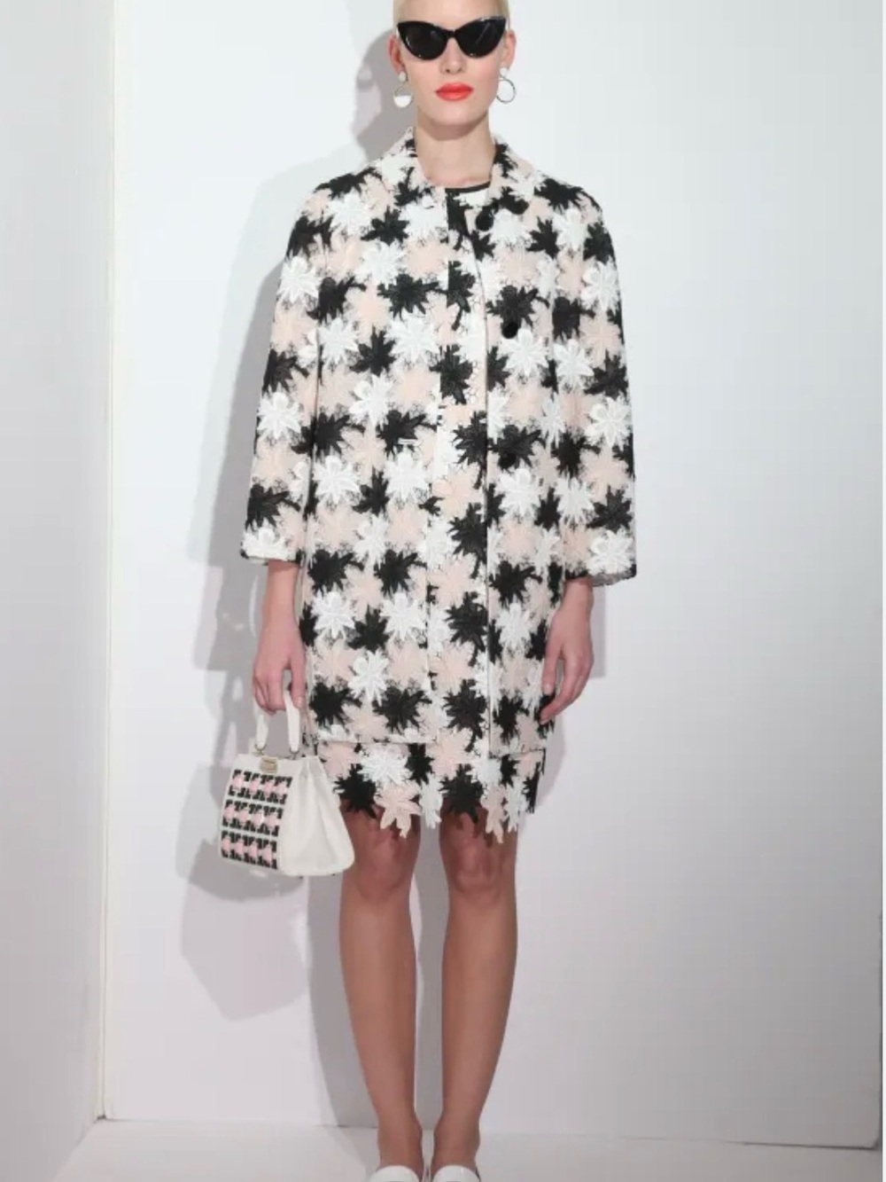 Runway Kate Spade Tiger Lilly Floral Lace Appliqué Coat in Blush, Black & White